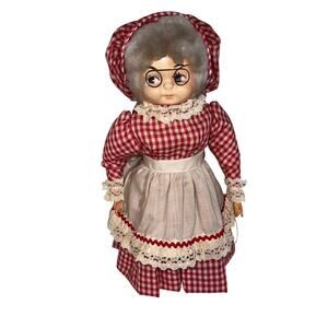 Vintage Doll, Red White‎ Plaid Milk Maid Apron Dress with crochet detail